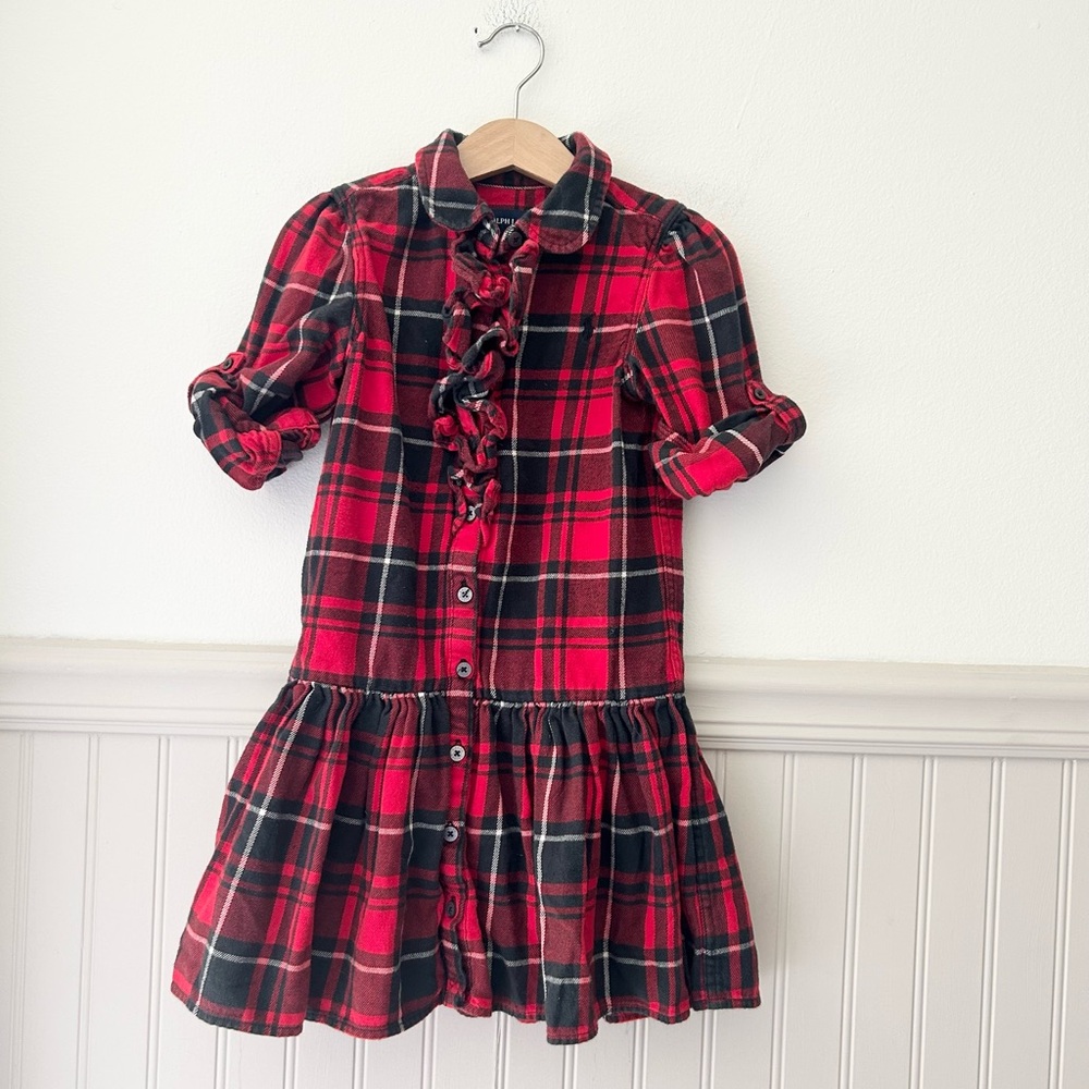 Ralph Lauren Girls Size 5 Red Black Plaid Flannel Button Down Dress Ruffle Trim
